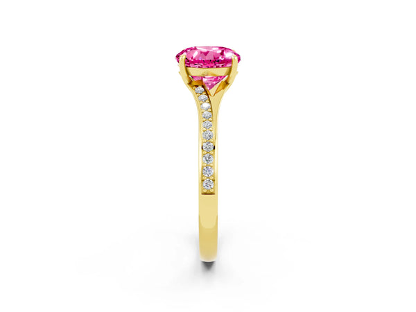 Yellow gold Round Cut Pink Sapphire Solitaire Ring with Pavé Band and Prong Setting