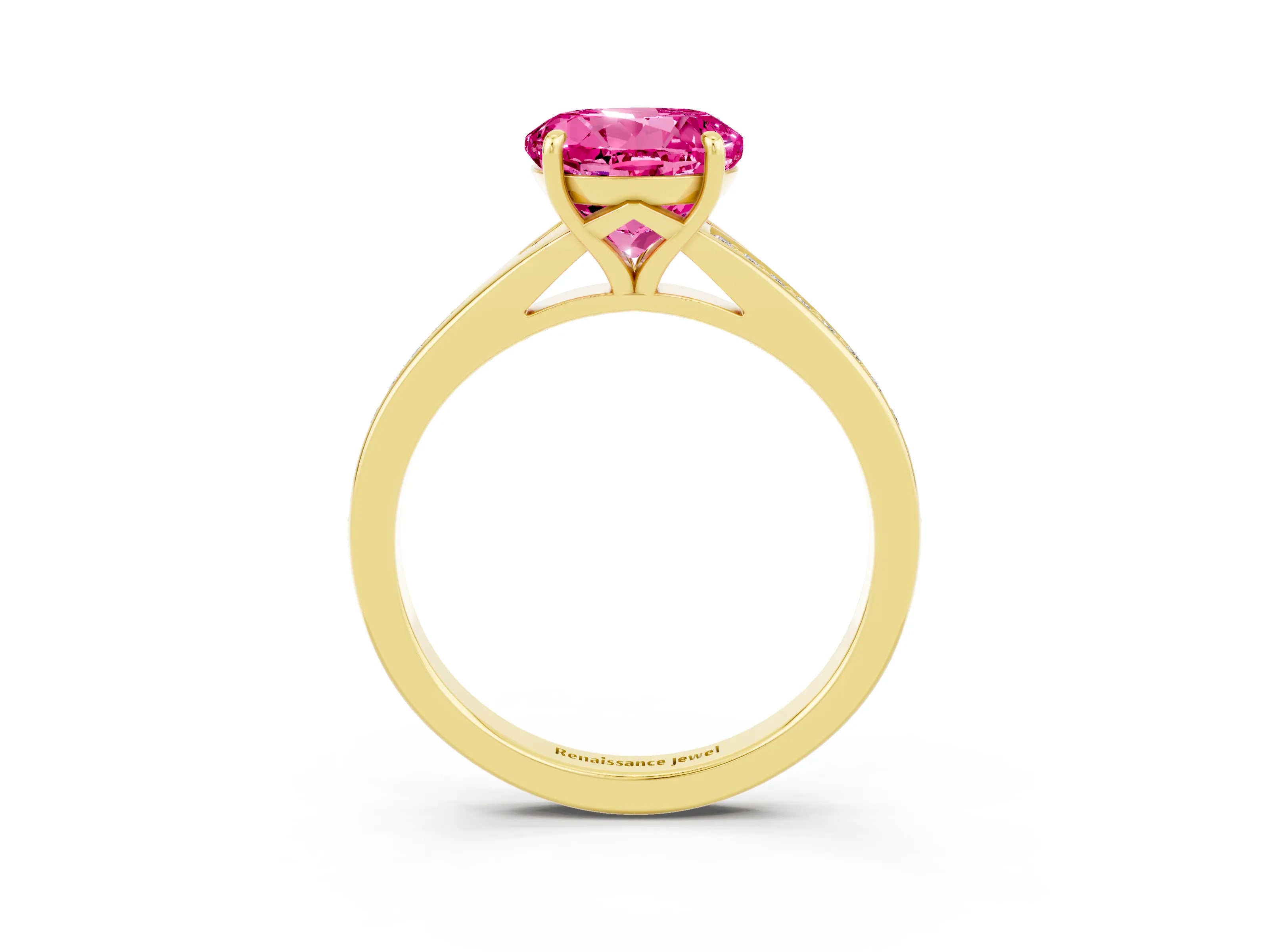Yellow gold Round Cut Pink Sapphire Solitaire Ring with Pavé Band and Prong Setting_3