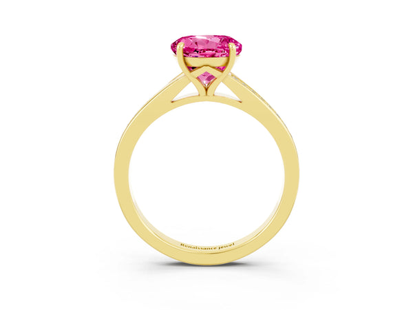 Yellow gold Round Cut Pink Sapphire Solitaire Ring with Pavé Band and Prong Setting