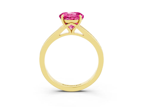 Yellow gold Round Cut Pink Sapphire Solitaire Ring with Pavé Band and Prong Setting_3
