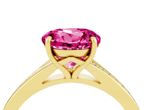 Yellow gold Round Cut Pink Sapphire Solitaire Ring with Pavé Band and Prong Setting_4