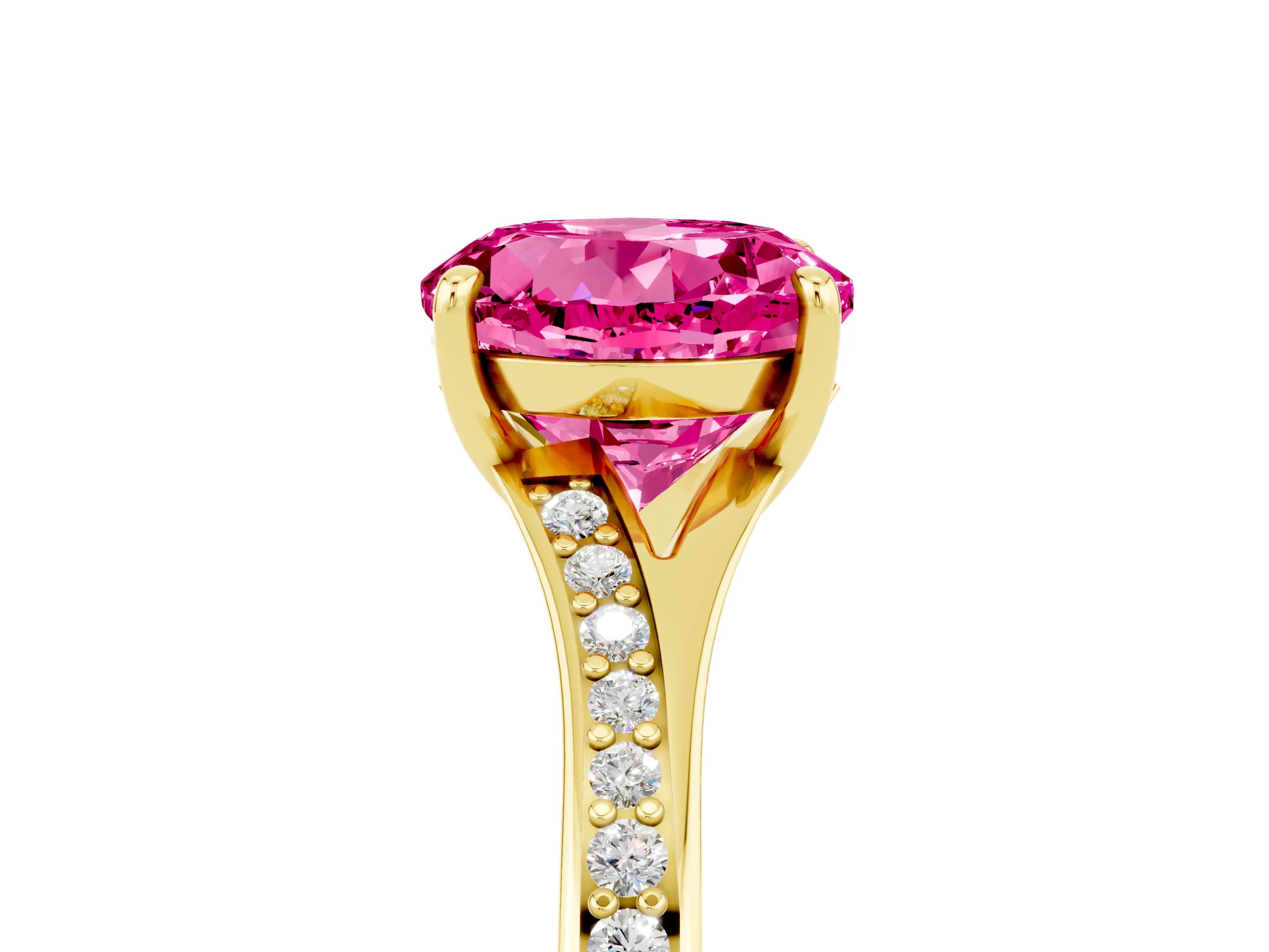 Yellow gold Round Cut Pink Sapphire Solitaire Ring with Pavé Band and Prong Setting_5