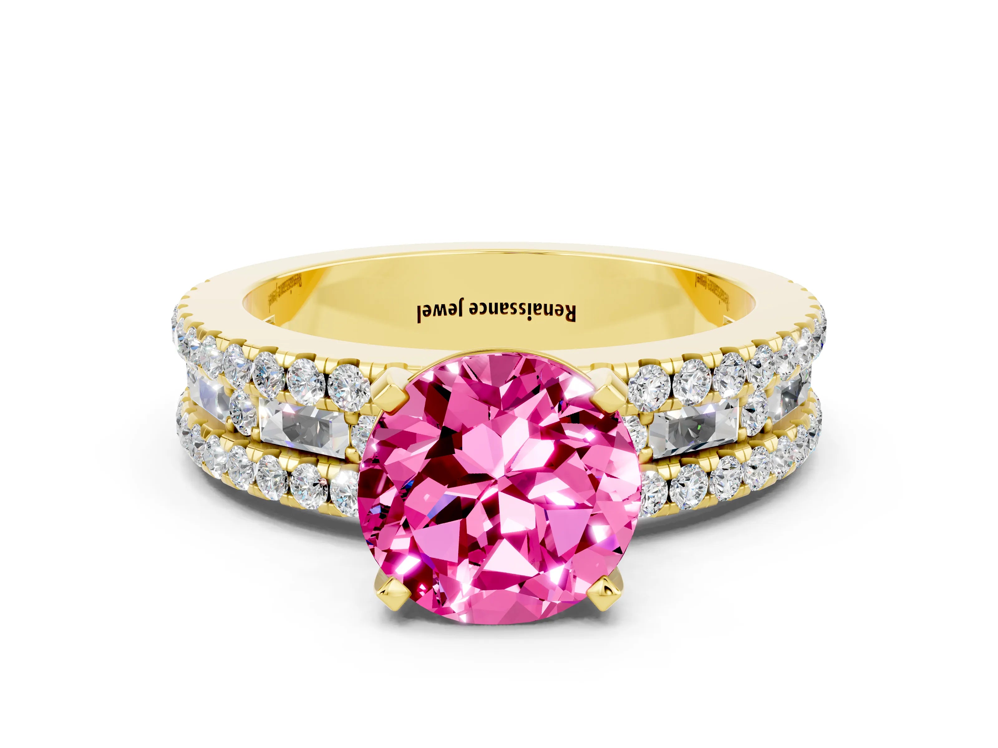 Yellow gold Round Cut Pink Sapphire Solitaire Ring with Pavé and Channel Set Band_24
