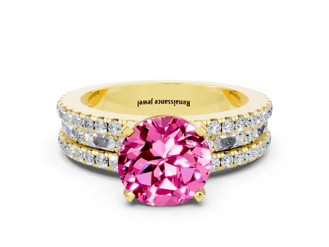 Yellow gold Round Cut Pink Sapphire Solitaire Ring with Pavé and Channel Set Band_24