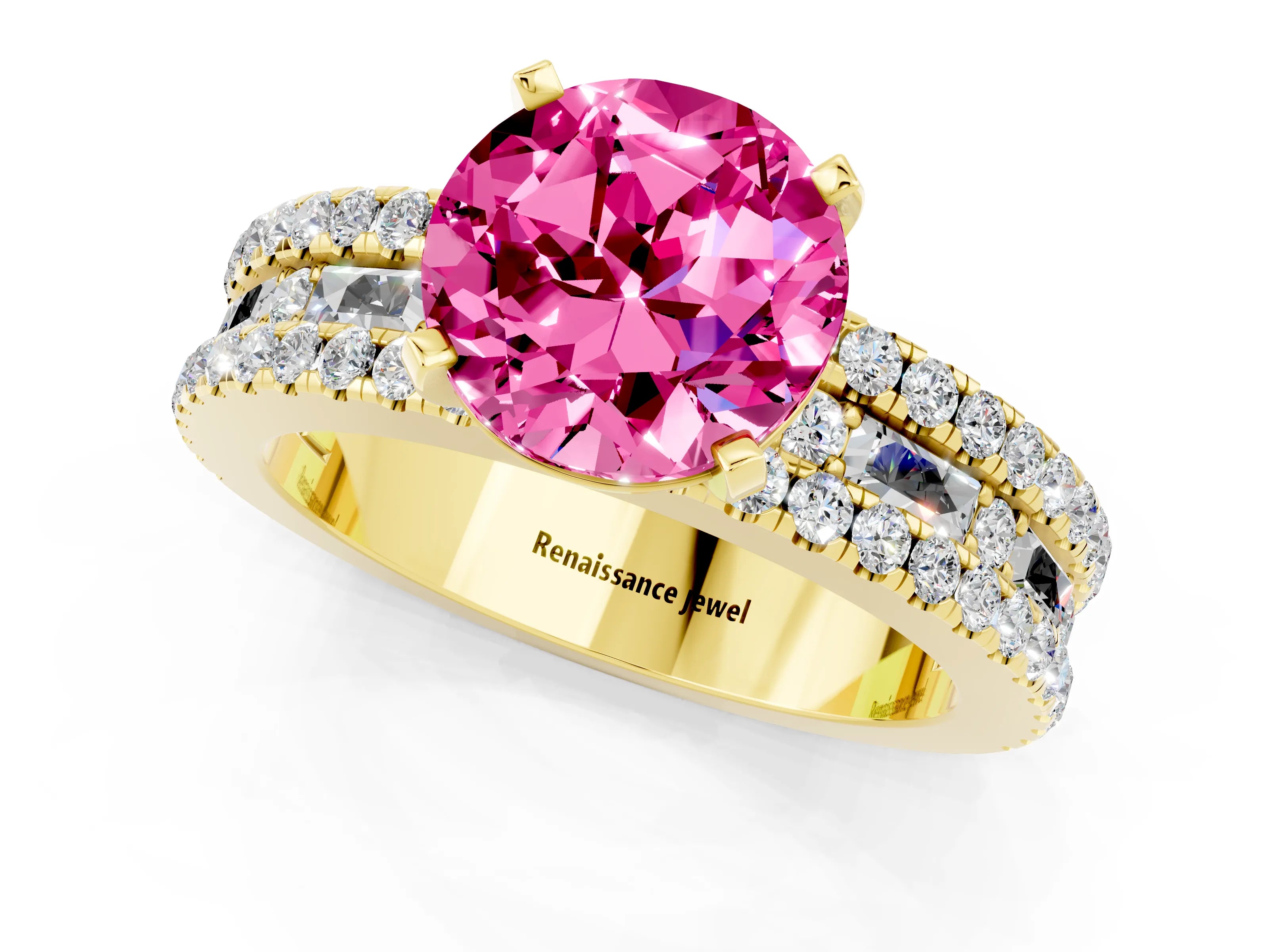 Yellow gold Round Cut Pink Sapphire Solitaire Ring with Pavé and Channel Set Band_25