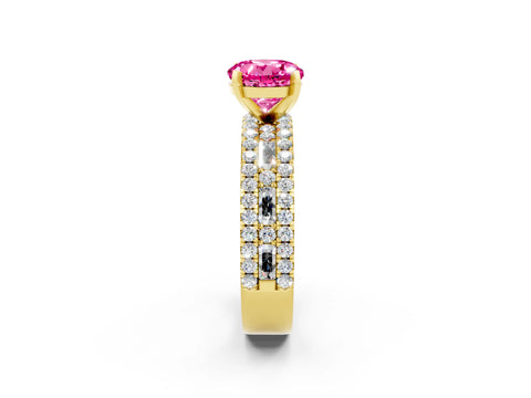 Yellow gold Round Cut Pink Sapphire Solitaire Ring with Pavé and Channel Set Band_26