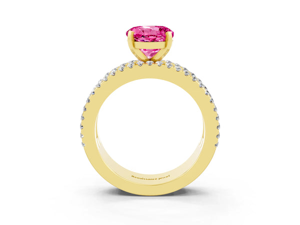 Yellow gold Round Cut Pink Sapphire Solitaire Ring with Pavé and Channel Set Band