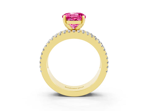 Yellow gold Round Cut Pink Sapphire Solitaire Ring with Pavé and Channel Set Band_27