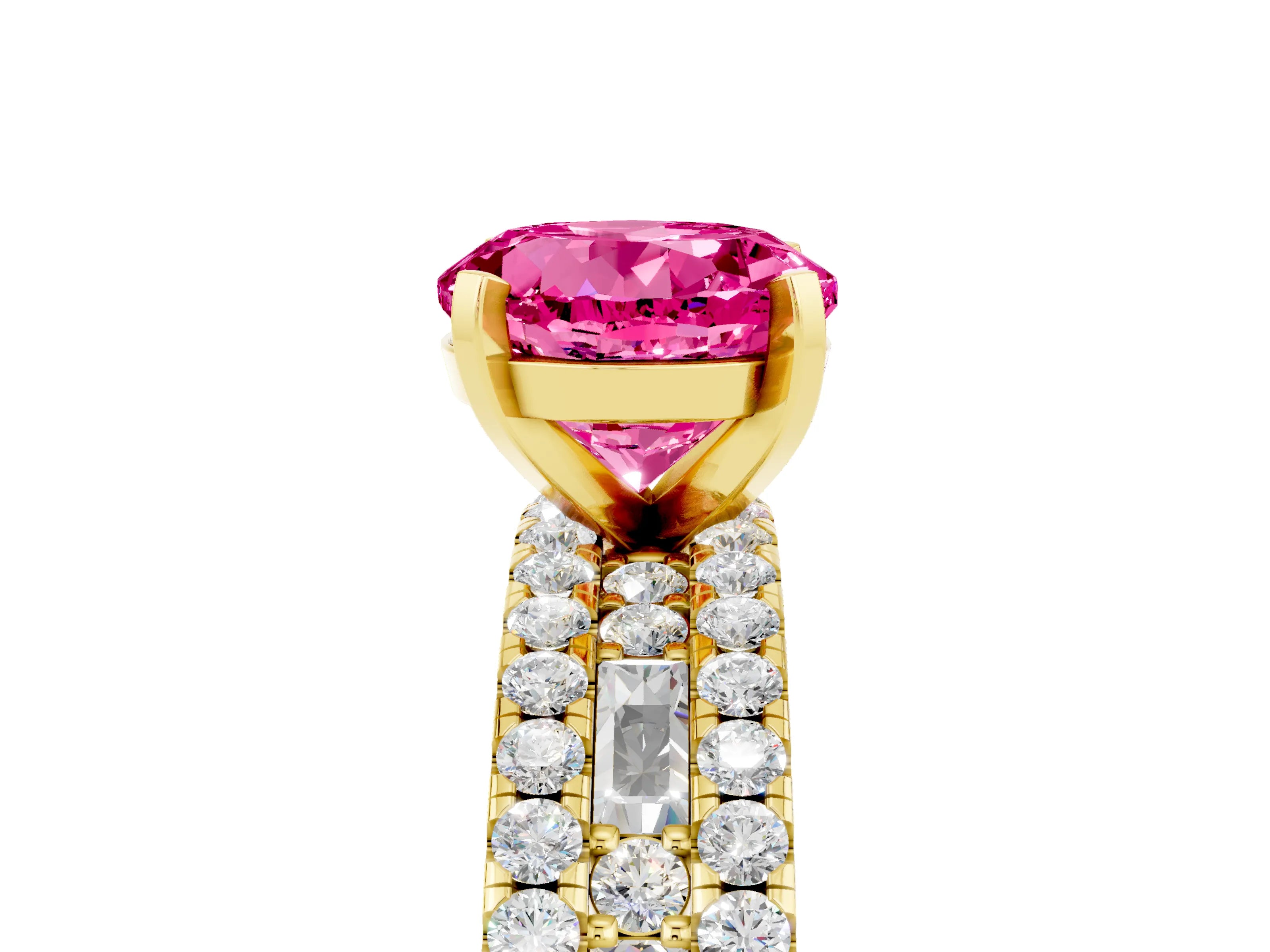 Yellow gold Round Cut Pink Sapphire Solitaire Ring with Pavé and Channel Set Band_29