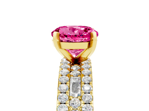 Yellow gold Round Cut Pink Sapphire Solitaire Ring with Pavé and Channel Set Band_29