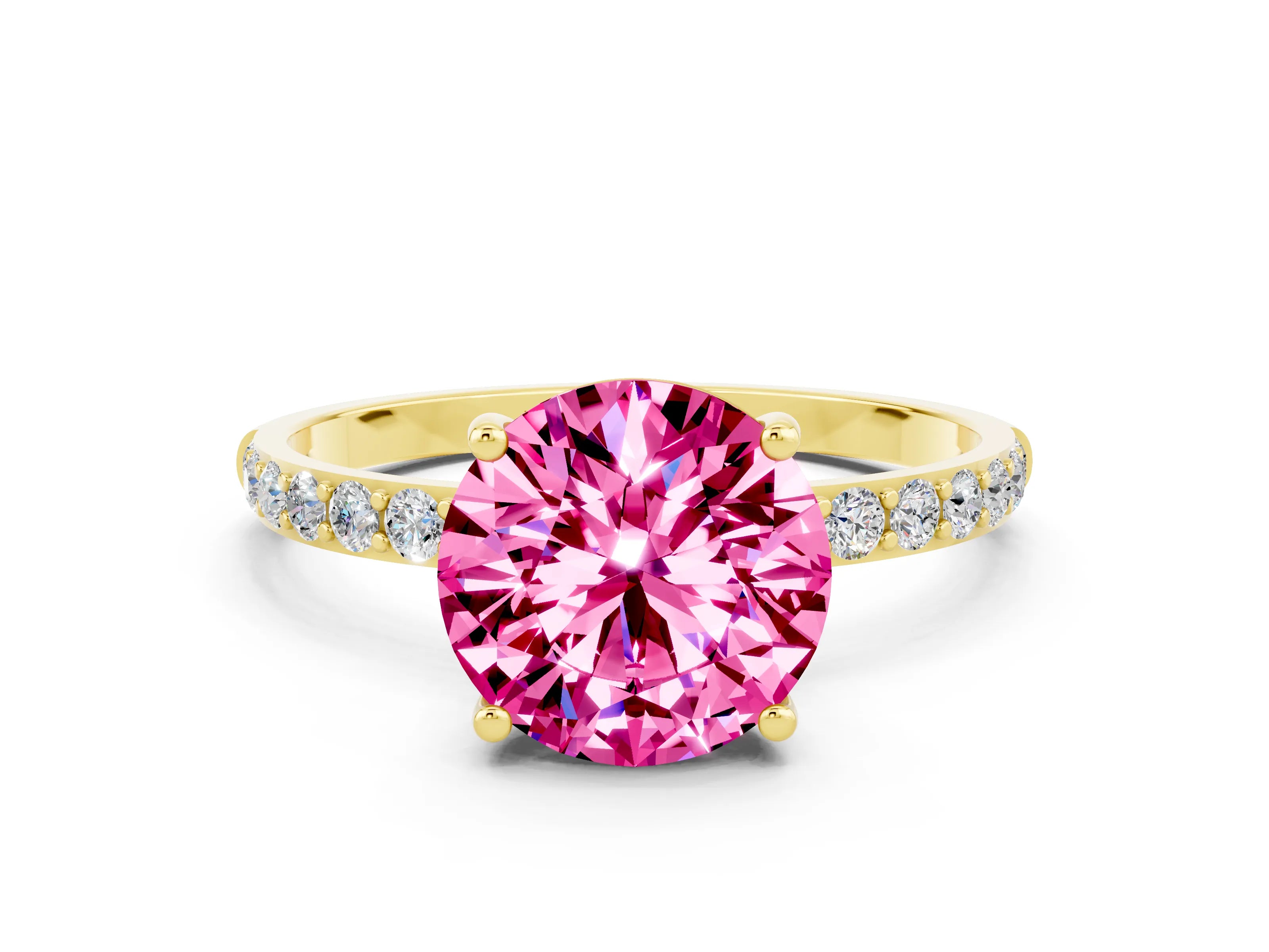 Yellow gold Round Cut Pink Sapphire Solitaire Ring with Pave Band and Four Prong Setting_48