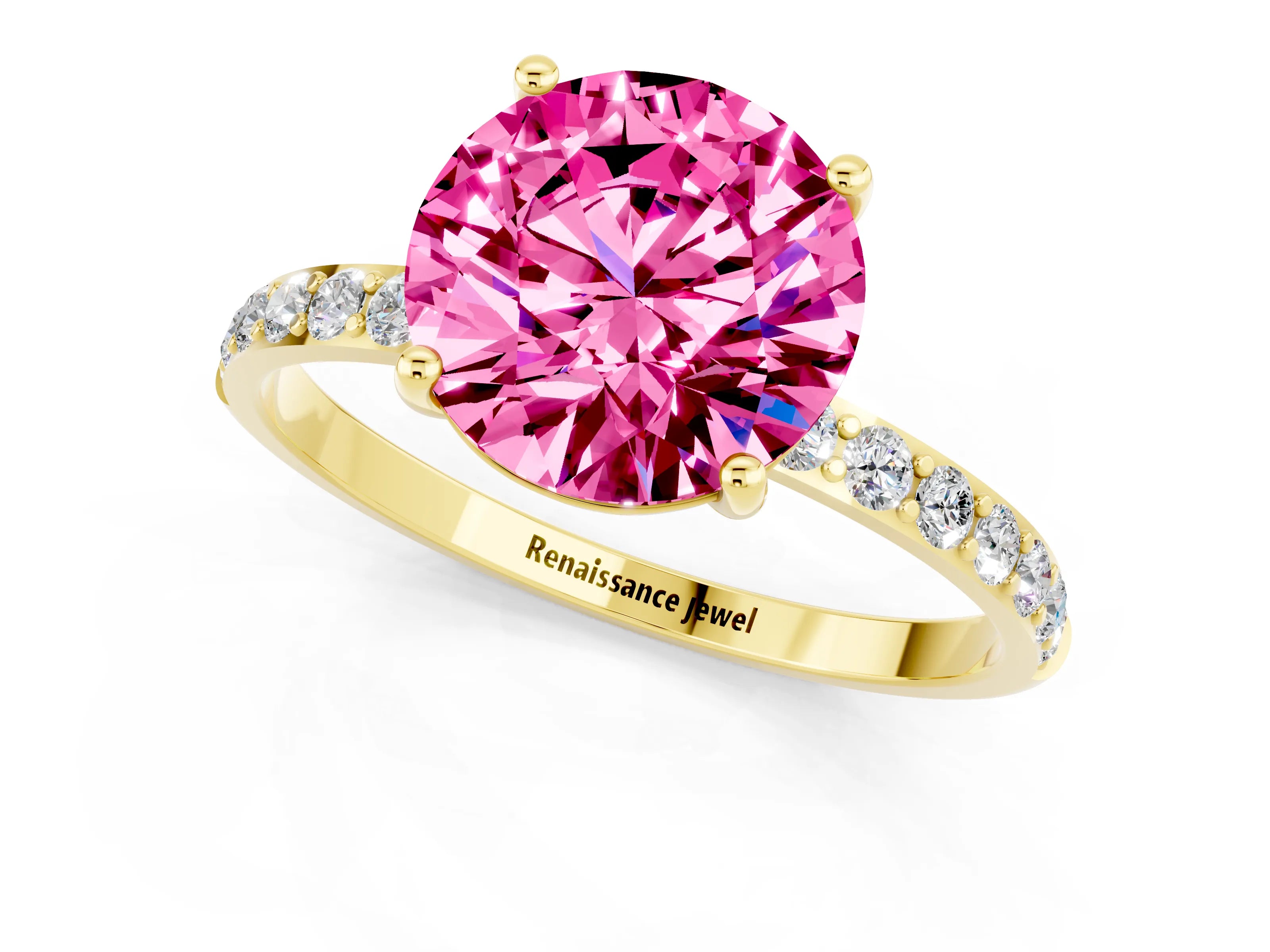 Yellow gold Round Cut Pink Sapphire Solitaire Ring with Pave Band and Four Prong Setting_49