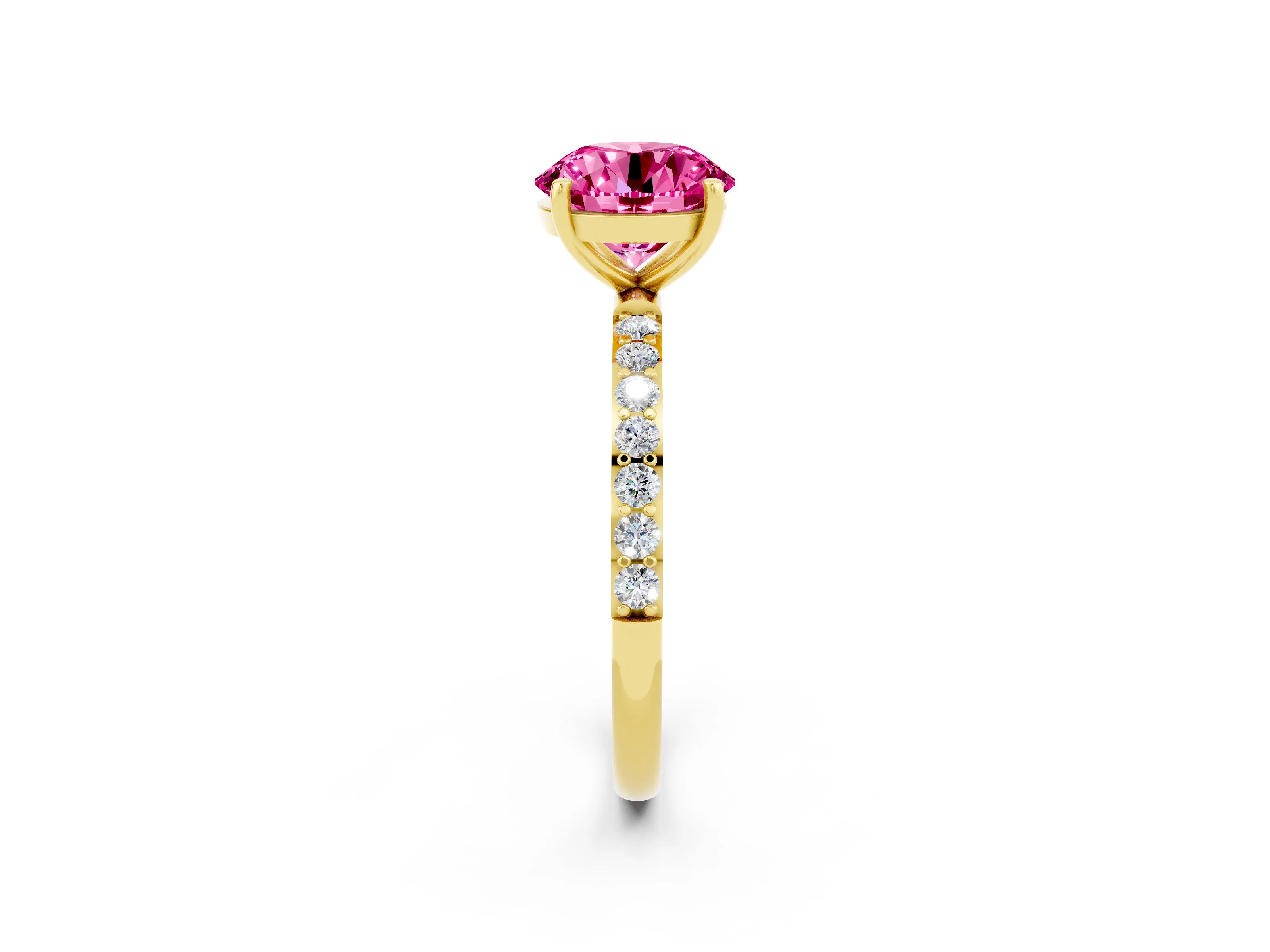 Yellow gold Round Cut Pink Sapphire Solitaire Ring with Pave Band and Four Prong Setting_50