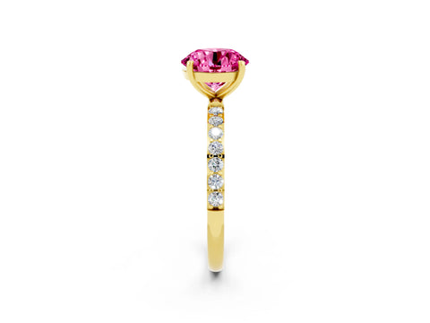 Yellow gold Round Cut Pink Sapphire Solitaire Ring with Pave Band and Four Prong Setting_50