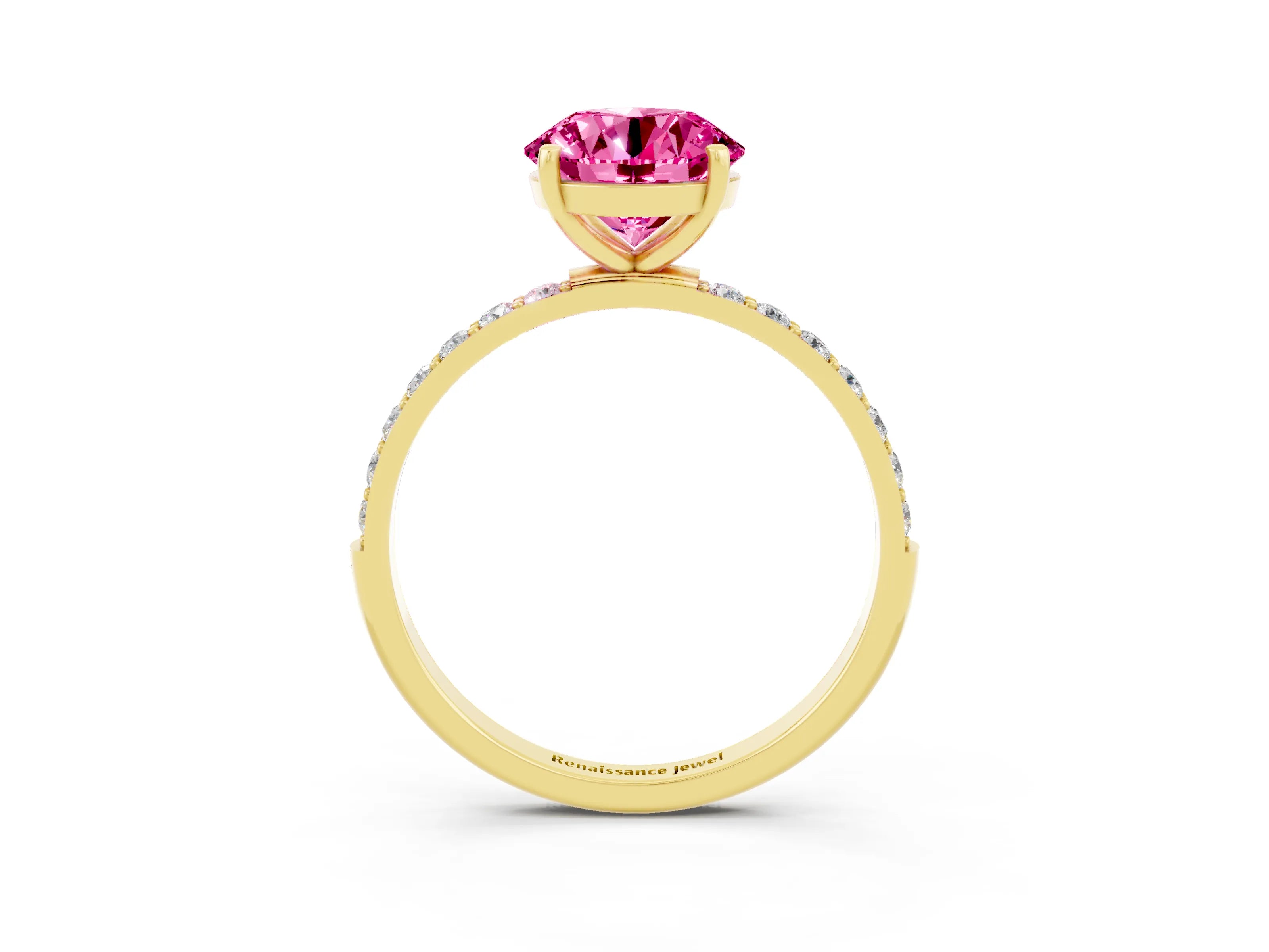 Yellow gold Round Cut Pink Sapphire Solitaire Ring with Pave Band and Four Prong Setting_51