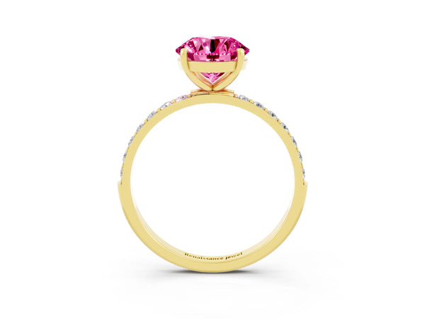 Yellow gold Round Cut Pink Sapphire Solitaire Ring with Round  Pavé Band and Prong Setting