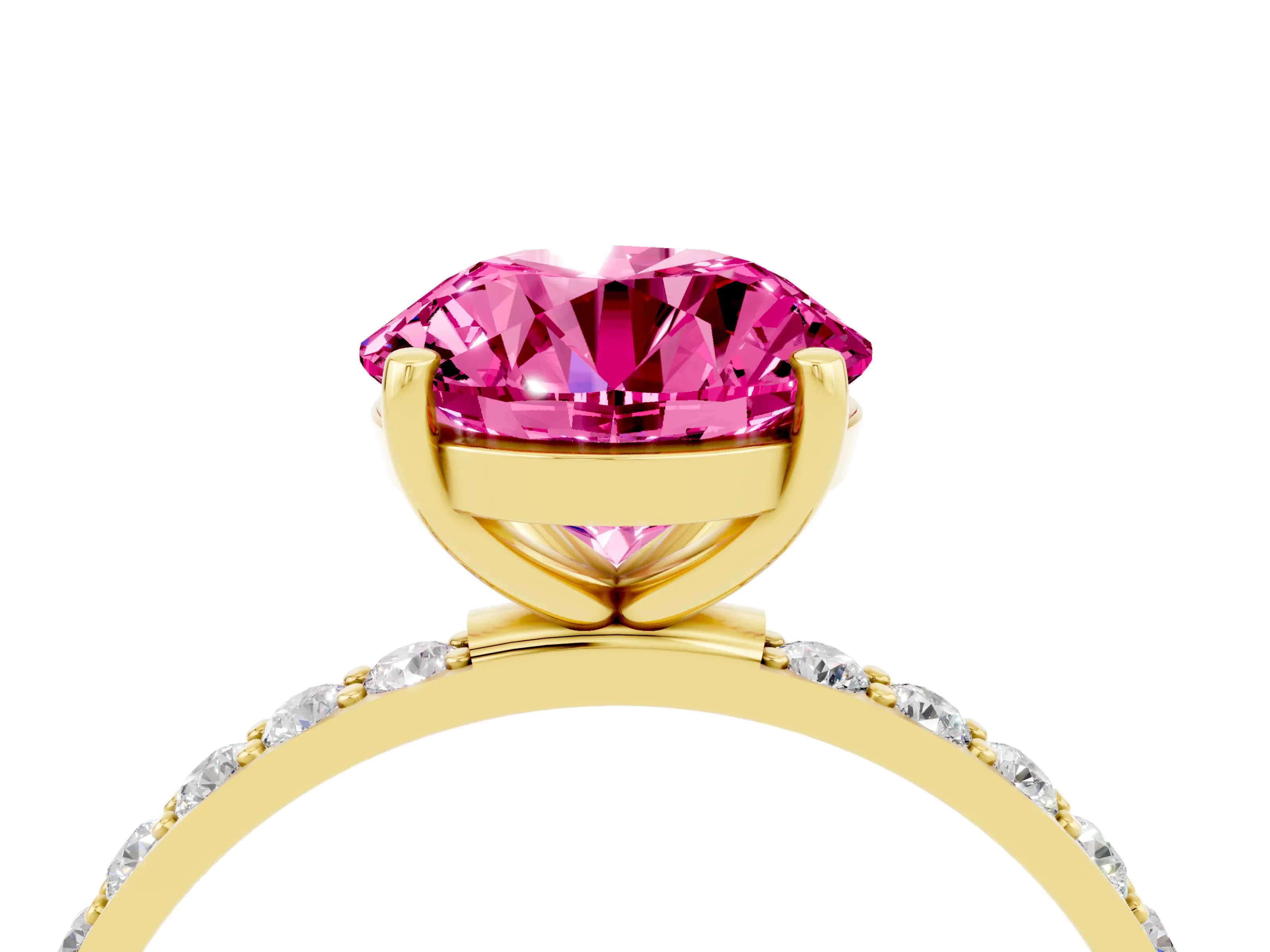 Yellow gold Round Cut Pink Sapphire Solitaire Ring with Pave Band and Four Prong Setting_52