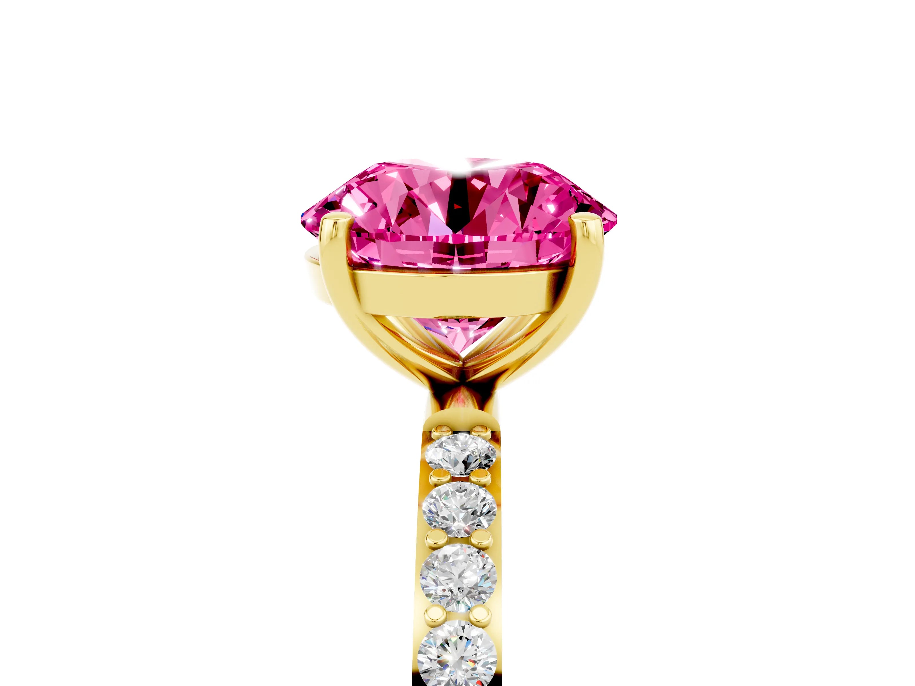Yellow gold Round Cut Pink Sapphire Solitaire Ring with Pave Band and Four Prong Setting_53
