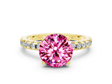 Yellow gold Round Cut Pink Sapphire Solitaire Ring with Round  Pavé Band and Four-Prong Setting_36
