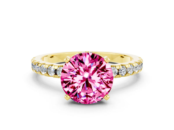 Yellow gold Round Cut Pink Sapphire Solitaire Ring with Round Pavé Band and Four-Prong Setting