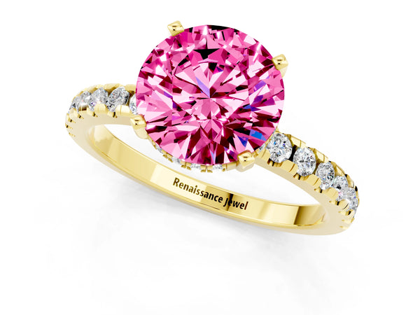Yellow gold Round Cut Pink Sapphire Solitaire Ring with Round Pavé Band and Four-Prong Setting