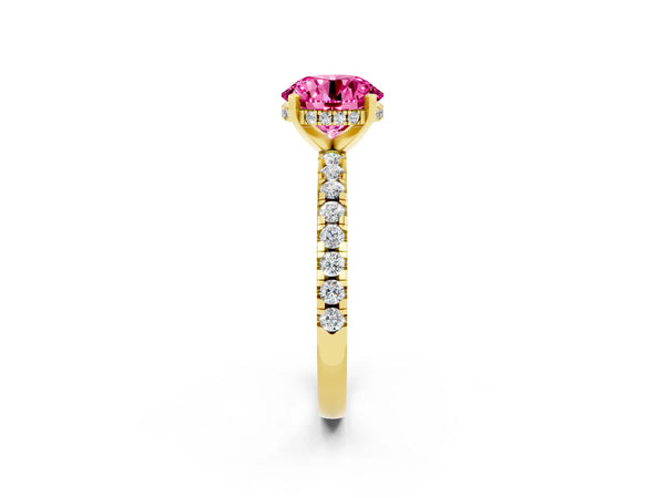 Yellow gold Round Cut Pink Sapphire Solitaire Ring with Round Pavé Band and Four-Prong Setting