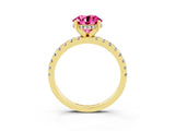 Yellow gold Round Cut Pink Sapphire Solitaire Ring with Round  Pavé Band and Four-Prong Setting_39