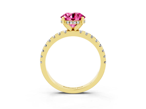 Yellow gold Round Cut Pink Sapphire Solitaire Ring with Round Pavé Band and Four-Prong Setting