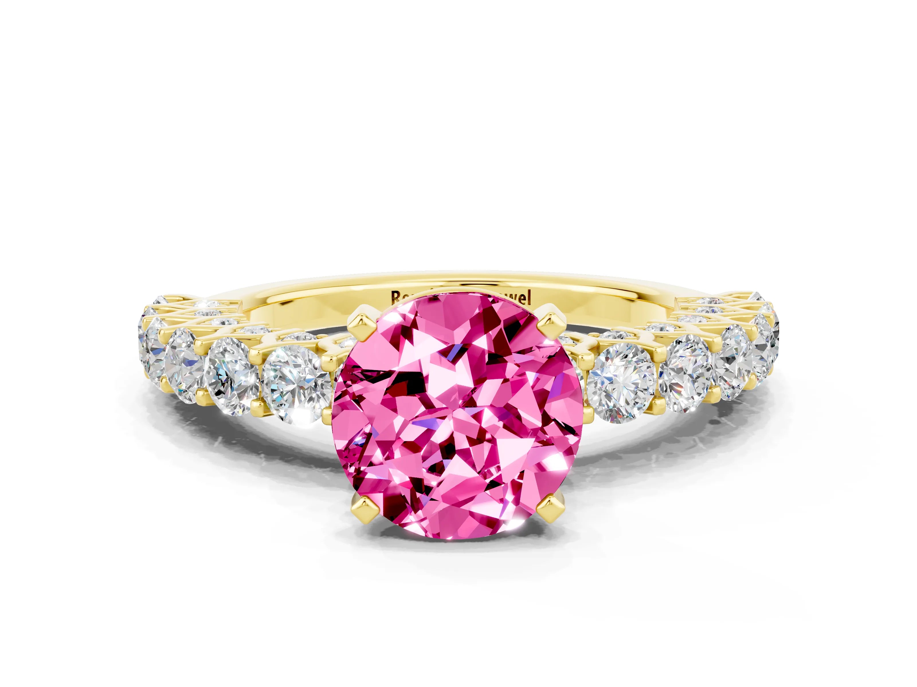 Yellow gold Round Cut Pink Sapphire Solitaire Ring with Shared Prong Pavé Band and Four-Prong Setting