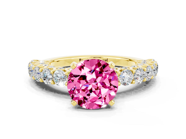Yellow gold Round Cut Pink Sapphire Solitaire Ring with Shared Prong Pavé Band and Four-Prong Setting