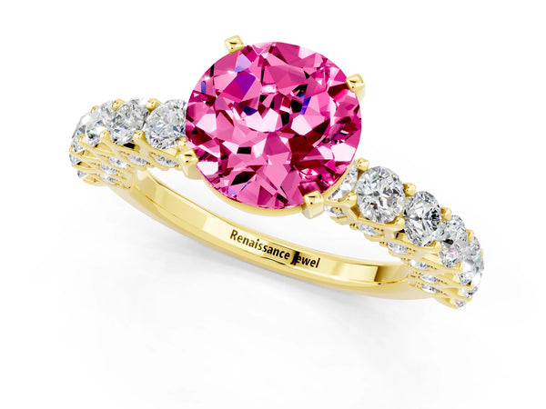 Yellow gold Round Cut Pink Sapphire Solitaire Ring with Shared Prong Pavé Band and Four-Prong Setting