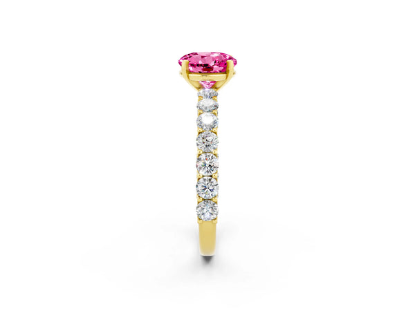Yellow gold Round Cut Pink Sapphire Solitaire Ring with Shared Prong Pavé Band and Four-Prong Setting