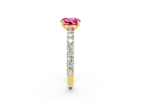 Yellow gold Round Cut Pink Sapphire Solitaire Ring with Shared Prong Pavé Band and Four-Prong Setting_2
