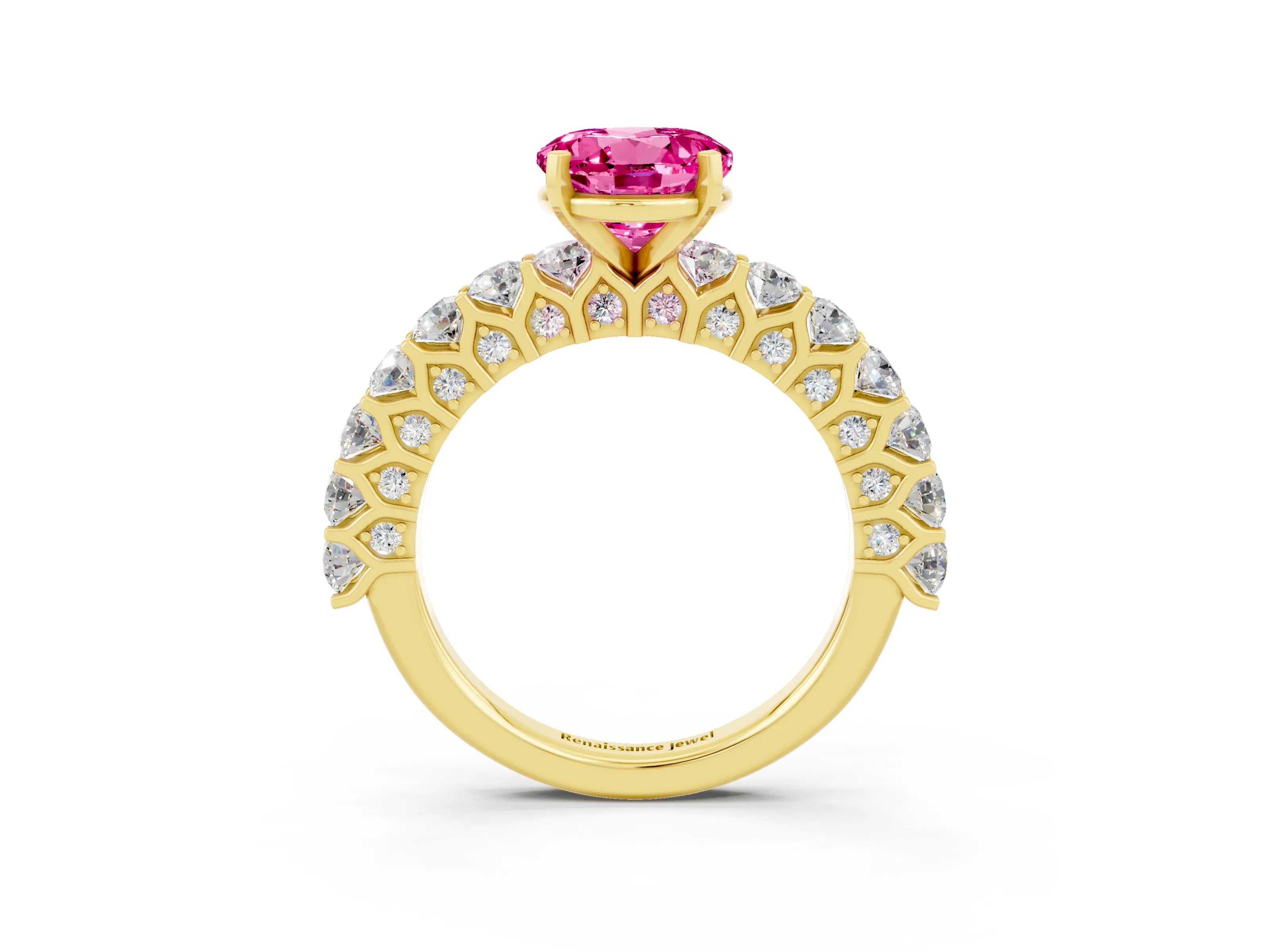 Yellow gold Round Cut Pink Sapphire Solitaire Ring with Shared Prong Pavé Band and Four-Prong Setting_3