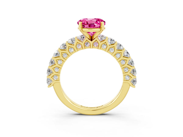 Yellow gold Round Cut Pink Sapphire Solitaire Ring with Shared Prong Pavé Band and Four-Prong Setting