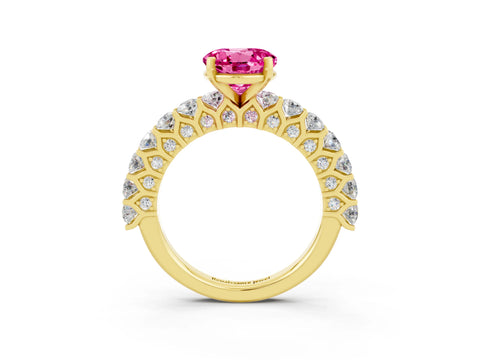 Yellow gold Round Cut Pink Sapphire Solitaire Ring with Shared Prong Pavé Band and Four-Prong Setting_3