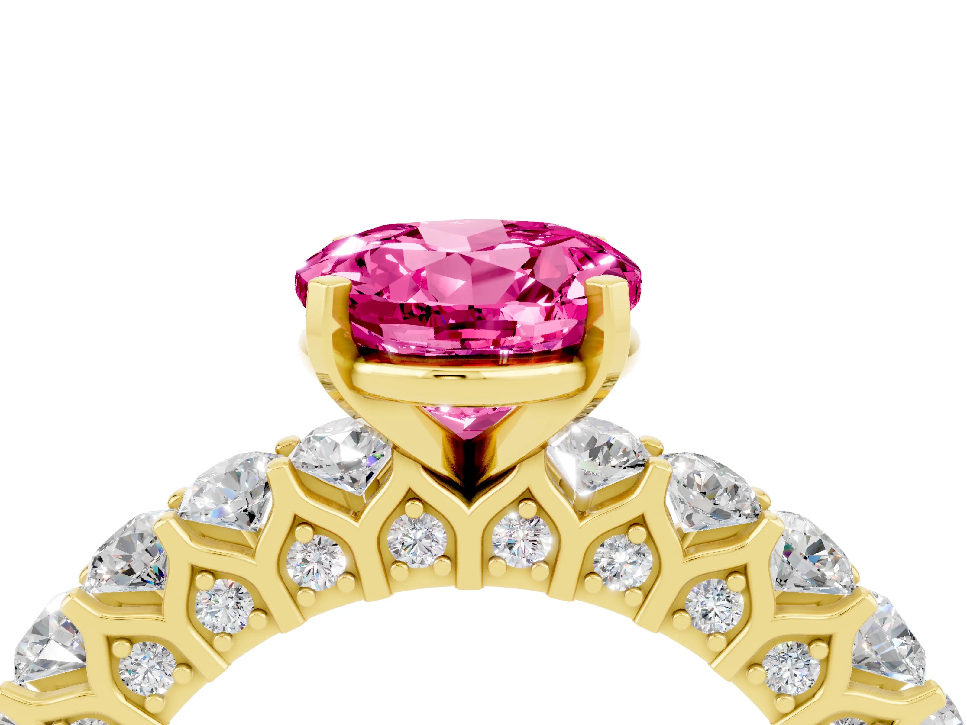Yellow gold Round Cut Pink Sapphire Solitaire Ring with Shared Prong Pavé Band and Four-Prong Setting_4