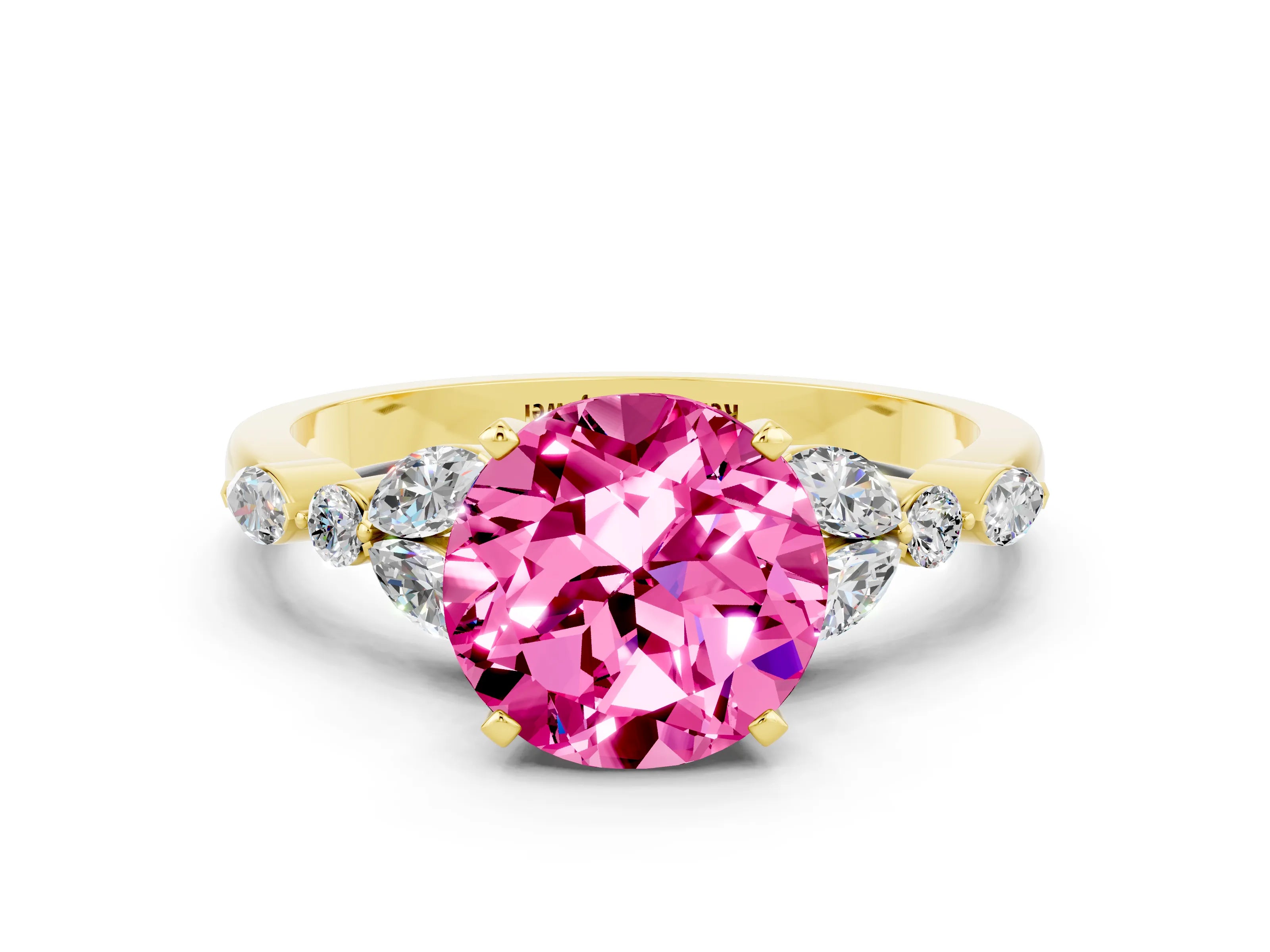 Yellow gold Round Cut Pink Sapphire Solitaire Ring with Side Stones and Four-Prong Setting_12