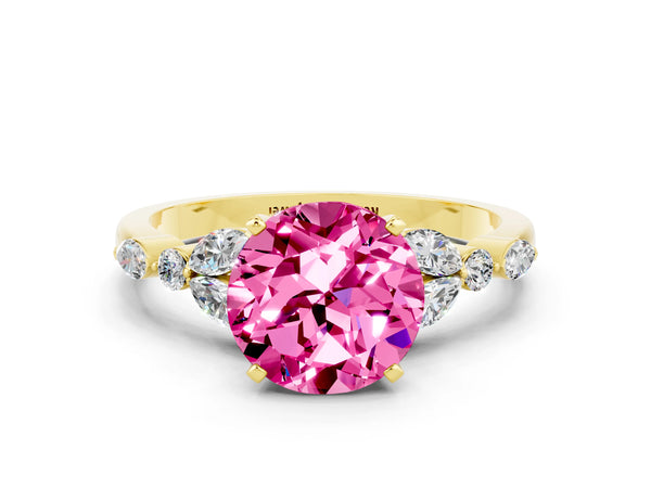 Yellow gold Round Cut Pink Sapphire Solitaire Ring with Side Stones and Four-Prong Setting