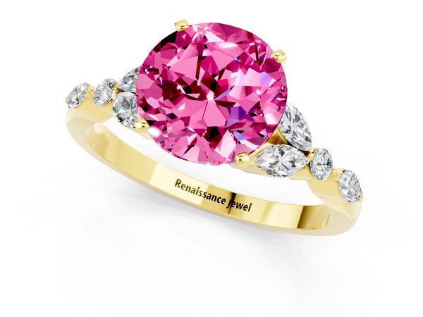 Yellow gold Round Cut Pink Sapphire Solitaire Ring with Side Stones and Four-Prong Setting