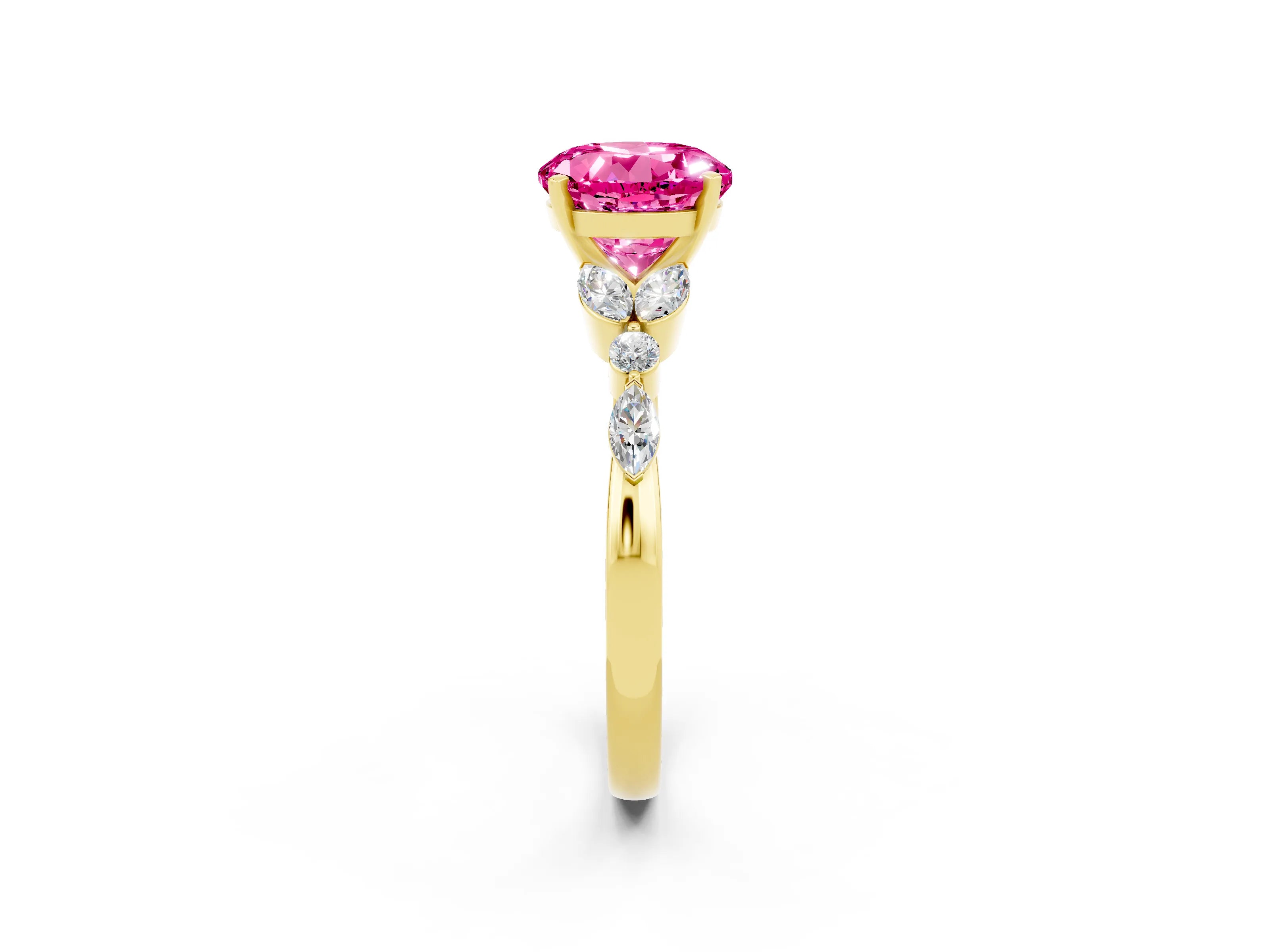 Yellow gold Round Cut Pink Sapphire Solitaire Ring with Side Stones and Four-Prong Setting_14