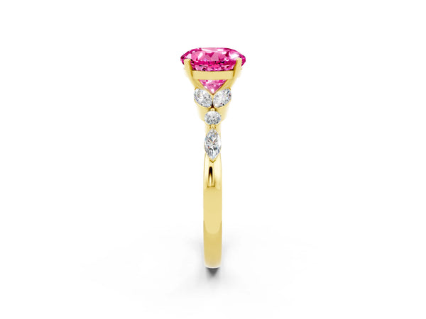 Yellow gold Round Cut Pink Sapphire Solitaire Ring with Side Stones and Four-Prong Setting