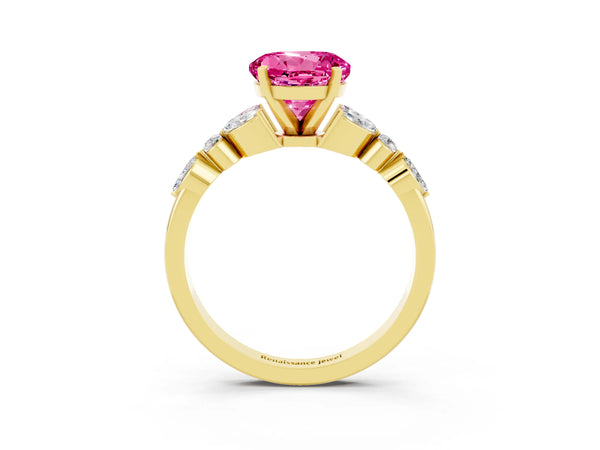 Yellow gold Round Cut Pink Sapphire Solitaire Ring with Side Stones and Four-Prong Setting