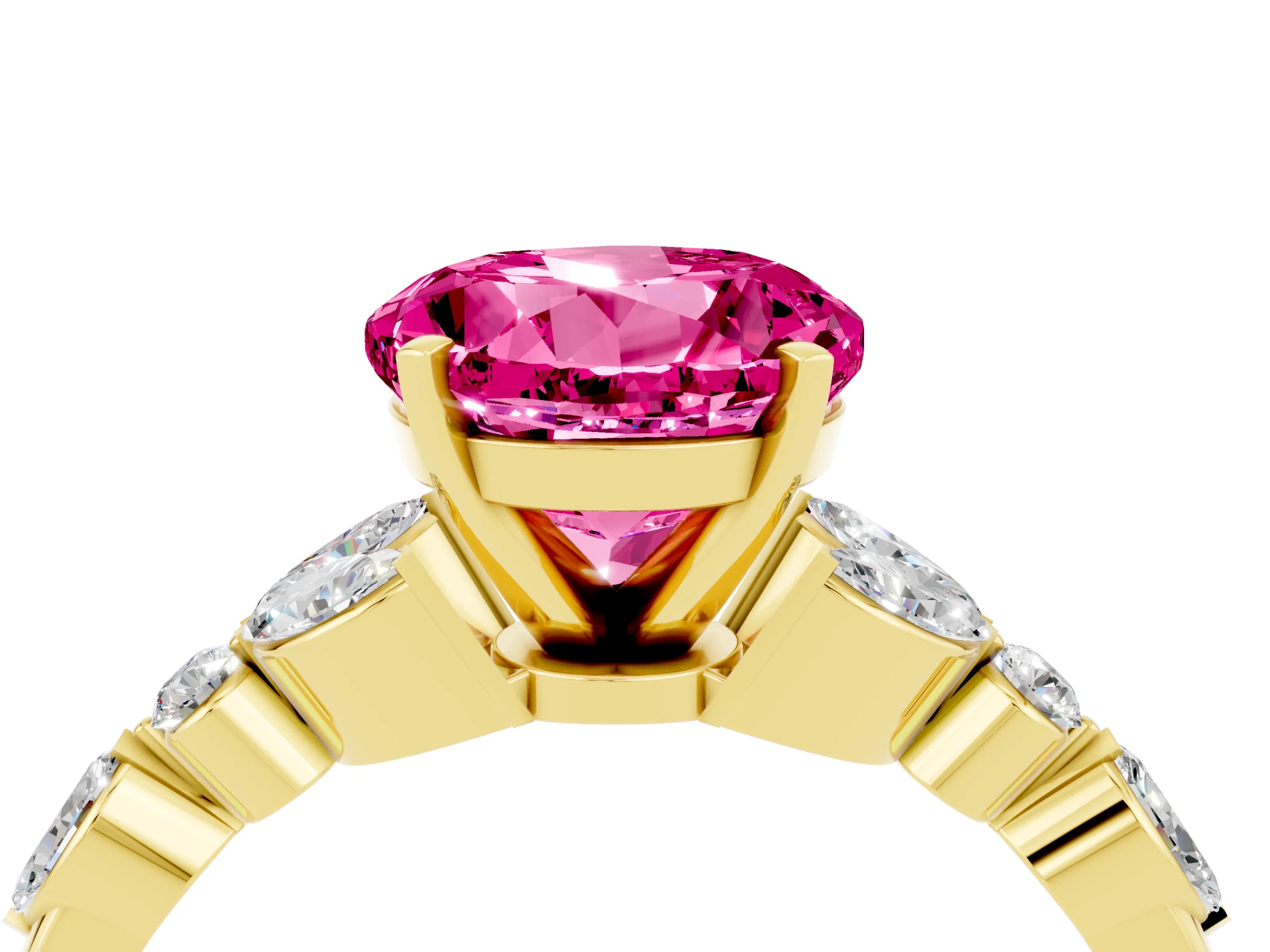 Yellow gold Round Cut Pink Sapphire Solitaire Ring with Side Stones and Four-Prong Setting_16