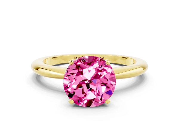 Yellow gold Round Cut Pink Sapphire Solitaire Ring with Six-Prong Setting and Classic Band