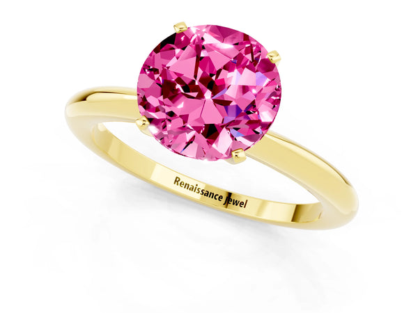 Yellow gold Round Cut Pink Sapphire Solitaire Ring with Six-Prong Setting and Classic Band