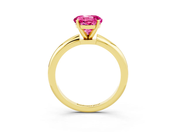 Yellow gold Round Cut Pink Sapphire Solitaire Ring with Six-Prong Setting and Classic Band