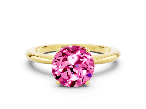 Yellow gold Round Cut Pink Sapphire Solitaire Ring with Six-Prong Setting and Classic Band