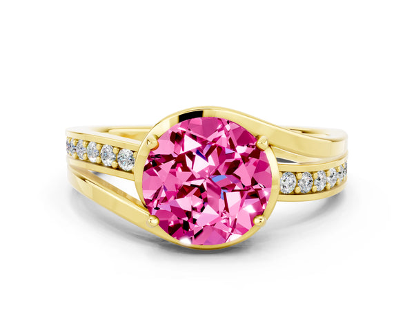 Yellow gold Round Cut Pink Sapphire Solitaire Ring with Split Shank and Prong Setting