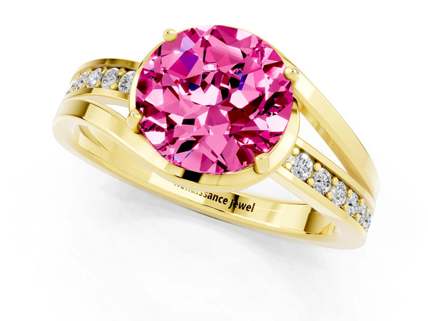 Yellow gold Round Cut Pink Sapphire Solitaire Ring with Split Shank and Prong Setting